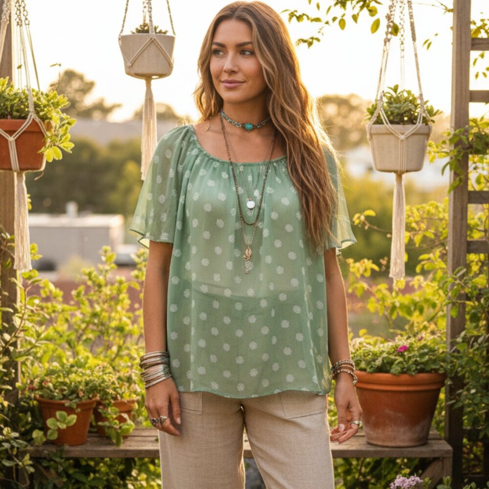 LC Lauren Conrad L Top Green Dot SS Flowy Tie Back Boho Cottage Coastal Chic